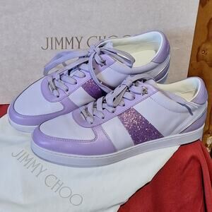 Jimmy Choo London Sneakers Womens 40.5 / 9.5 Purple Leather Glitter Fashion Glam